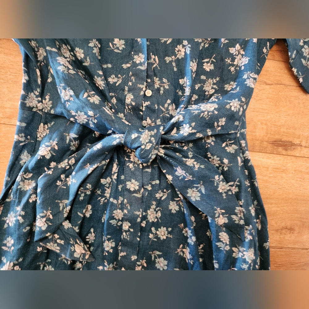 NWT $185 Ralph Lauren womens 10 Floral Linen MidI Dress Waist Bow Tie Button Up - Picture 4 of 13